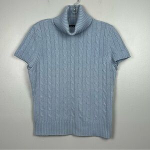 Per Se blue 100% cashmere cable knit short sleeve turtleneck sweater, small.